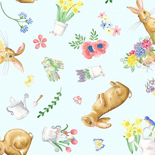 FQ Bunnies & Blossoms - Sweet Bunny allover - light blue